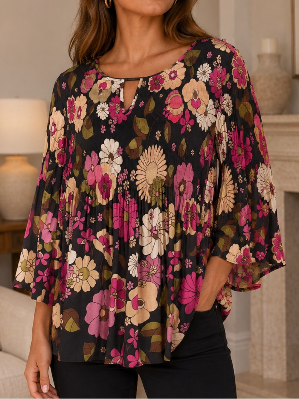 the Floral & Ivy Black Pleated Floral Bell Sleeve Keyhole Top medium
